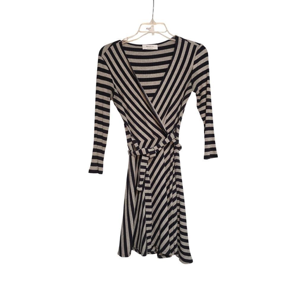 Bailey Black & Tan Striped Wrap Dress With Long Sleeves & Tie Waist Made in USA